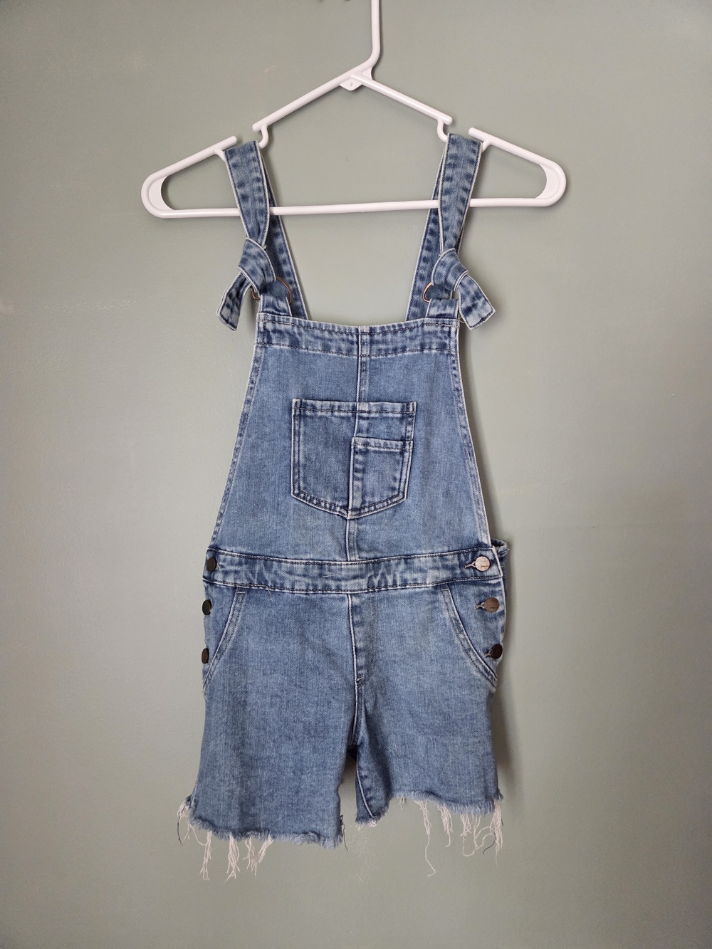 Tractr Light Blue Denim Short Overalls with Frayed Hem